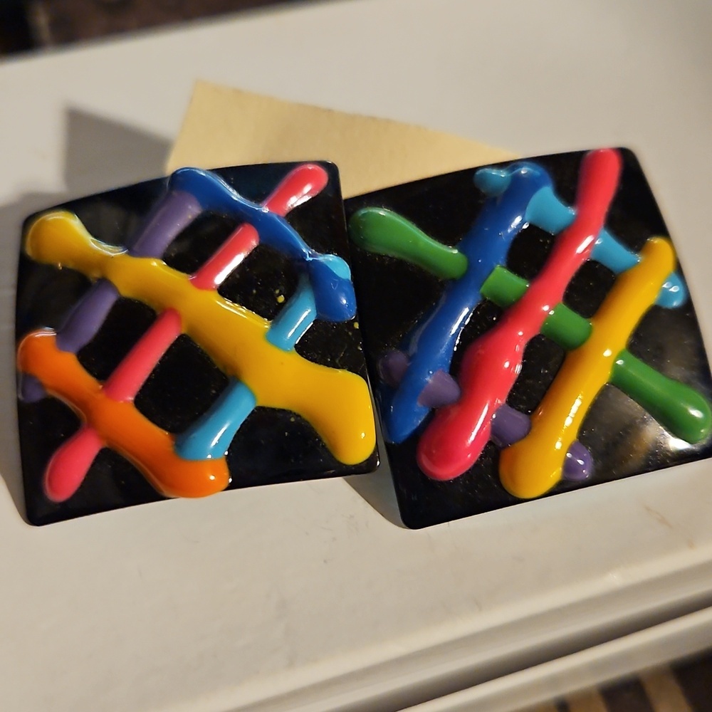 Vintage 80's Colorful Striped Square Pierced Earrings - Picture 3 of 4